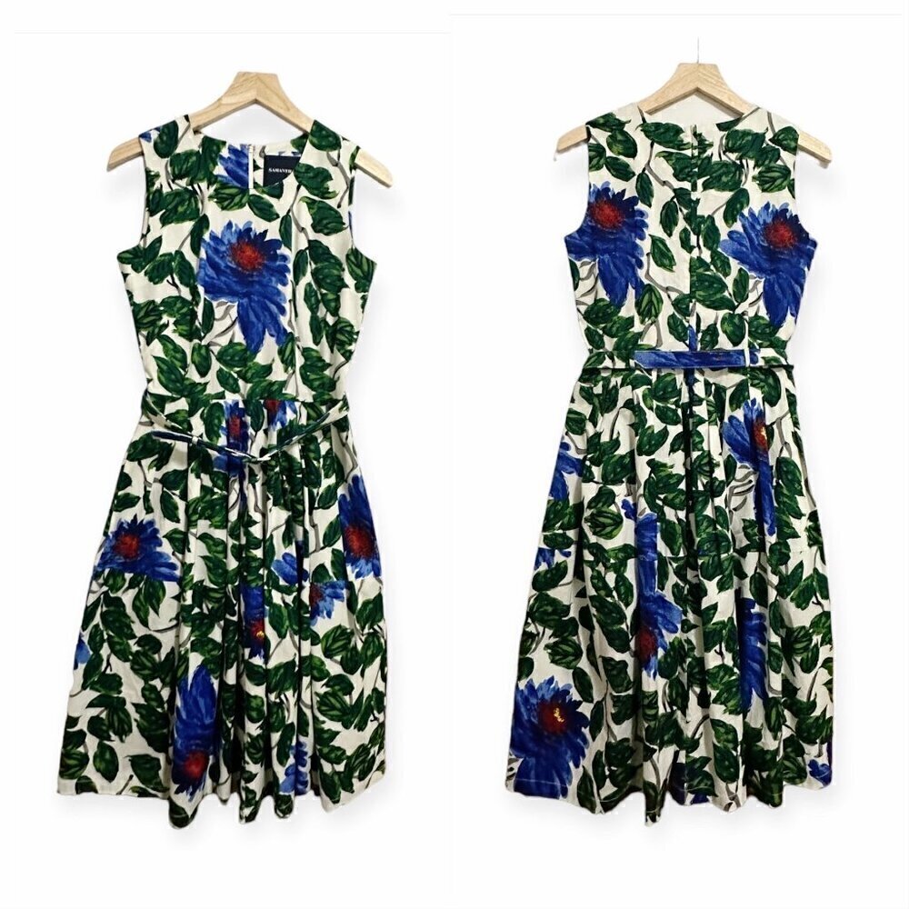 Samantha Sung Rachel A-Line Dress, Blue, Green floral print, Size 4